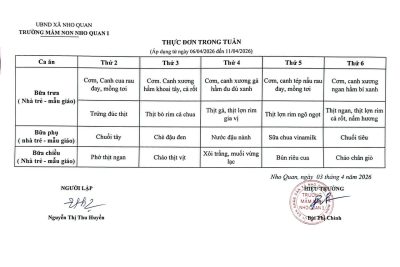 THỰC ĐƠN TUẦN (Áp dụng từ ngày 06/4 đến 11/4/2026)