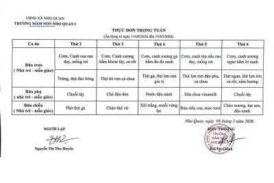 THỰC ĐƠN TUẦN (Áp dụng từ ngày 11/5/2026 đến ngày 15/5/2026)