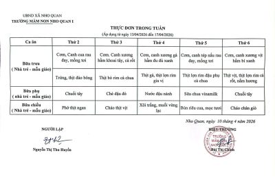 THỰC ĐƠN TUẦN (Áp dụng từ ngày 13/4 đến 17/4/2026)