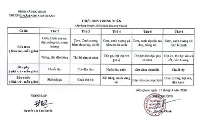 THỰC ĐƠN TUẦN (Áp dụng từ ngày 20/4 đến 24/4/2026)