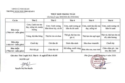 THỰC ĐƠN TUẦN (Áp dụng từ ngày 28/4 đến 29/4/2026)