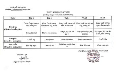 THỰC ĐƠN TUẦN (Áp dụng từ ngày 30/3/2026 đến 03/4/2026)