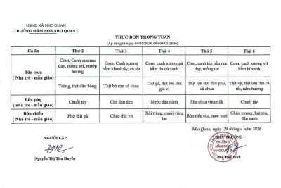 THỰC ĐƠN TUẦN (Áp dụng từ ngày 04/5/2026 đến ngày 08/5/2026)