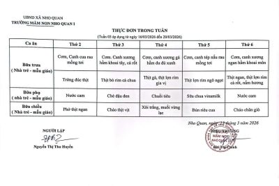 THỰC ĐƠN TUẦN (Áp dụng từ 16/3/2026 đến 20/3/2026)