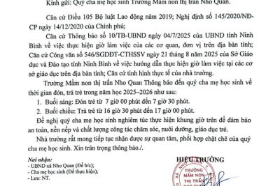 Trường MN thị trấn thông báo giờ đón trả trẻ năm học 2025-2026