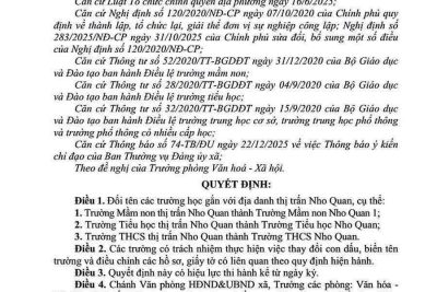 Trường Mầm non Nho Quan 1 thông báo Quyết định số 847/QĐ-UBND ngày 26/12/2025 của UBND xã Nho Quan về việc đổi tên các trường mầm non, tiểu học, trung học cơ sở gắn với địa danh thị trấn Nho Quan.